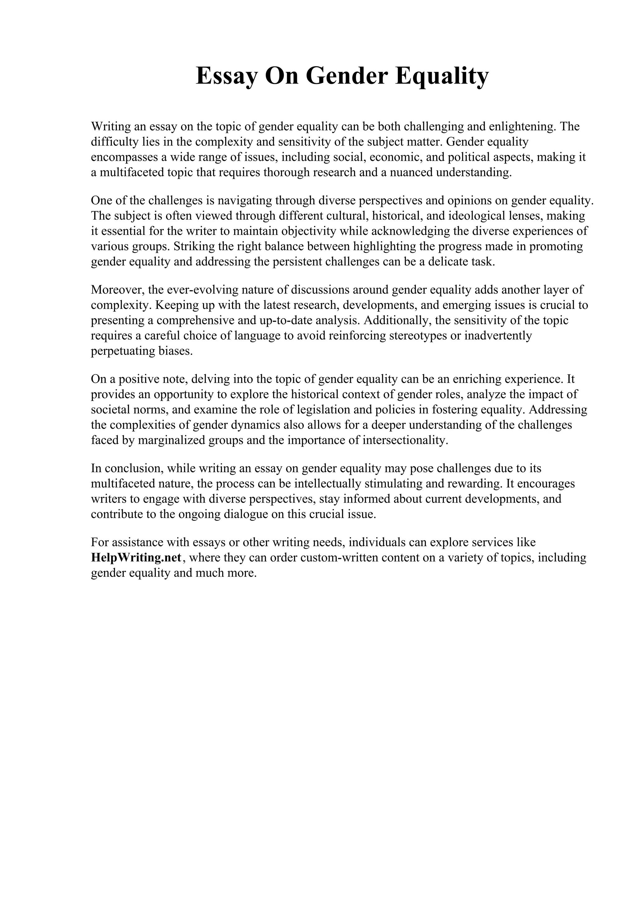 Essay On <b>Gender Equality</b>. Central Arizona College | PDF